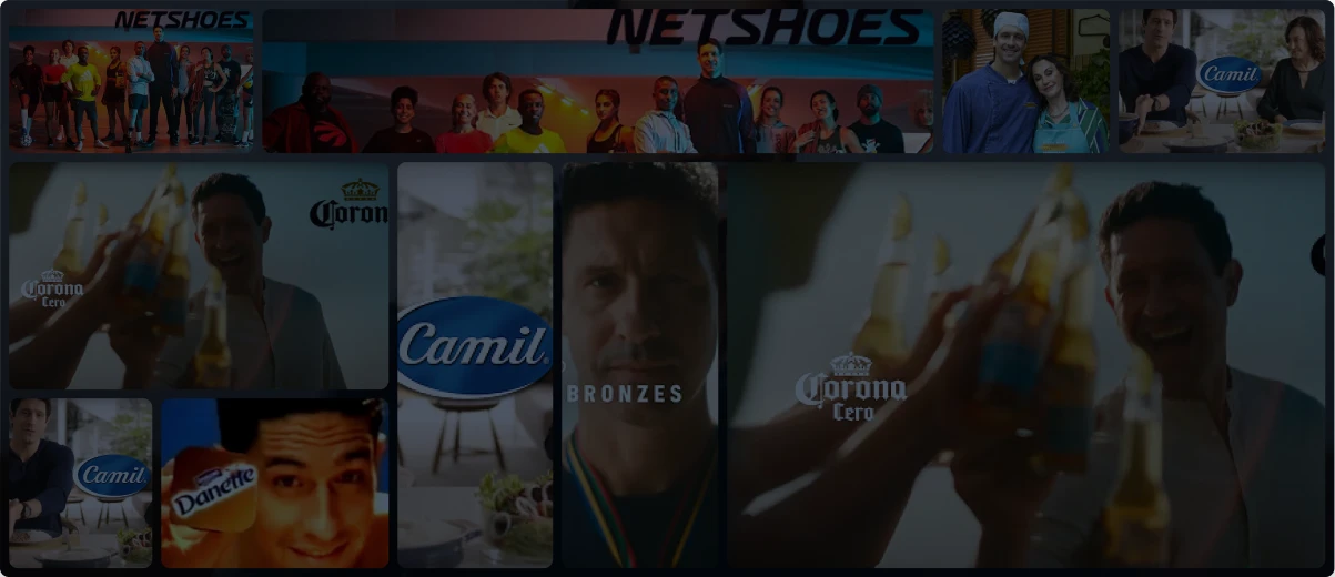Mosaico de campanhas publicitárias estreladas por Gustavo Borges para marcas como Netshoes, Camil e Corona